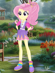 Size: 1536x2048 | Tagged: safe, artist:mazakbar567, edit, fluttershy, human, equestria girls, g4, female, outfit, ponytail, purple eyes, smiling, solo, wrong eye color