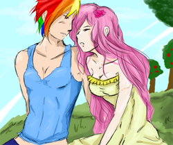 Size: 597x500 | Tagged: artist needed, safe, fluttershy, rainbow dash, human, g4, blushing, clothes, duo, female, flower, flower in hair, humanized, lesbian, ship:flutterdash, shipping, tank top