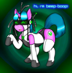 Size: 712x723 | Tagged: safe, artist:lil miss jay, oc, oc only, oc:beep boop, pony, unicorn, abstract background, female, horn, one leg raised, raised hoof, solo