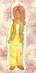 Size: 1399x2790 | Tagged: safe, artist:p2iimon, fluttershy, bird, human, g4, abstract background, arm behind back, clothes, female, hair over one eye, humanized, jacket, leaves, leaves in hair, long skirt, skirt, solo, traditional art