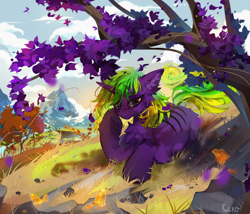Size: 3500x3000 | Tagged: safe, alternate version, artist:kefirro7, oc, oc only, oc:endigo grimstone, pony, unicorn, autumn, cheek fluff, chest fluff, cloud, detailed background, digital art, ear fluff, eyes open, falling leaves, fluffy, fluffy mane, fluffy tail, full body, gem, gemstones, gradient mane, gradient tail, grass, grass field, high res, hoof on cheek, horn, leaves, looking down, lying, lying down, male, mountain, mountain range, orange eyes, prone, scorched, scorched grass, scorched ground, smiling, solo, stallion, stone, striped mane, striped tail, stripes, stripes on fur, stripes on muzzle, tail, topaz, tree, tree branch, violet leaves, wind