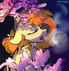 Size: 2500x2594 | Tagged: safe, artist:yuris, oc, oc only, oc:yuris, pegasus, pony, cherry, crying, eyes closed, flower, food, freckles, night, open mouth, sadness, sketch, solo, steam
