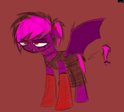 Size: 826x746 | Tagged: safe, artist:xxv4mp_g4z3rxx, derpibooru exclusive, oc, oc only, oc:violet valium, bat pony, pony, bat pony oc, choker, clothes, colored wings, doodle, dress, eyeshadow, fangs, gloves, makeup, ponytail, purple coat, red background, red eyes, simple background, solo, spread wings, tomboy, tomboy taming, two toned mane, two toned wings, unamused, wings