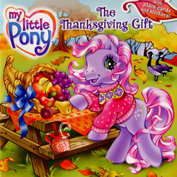 Size: 593x594 | Tagged: safe, artist:lyn fletcher, wysteria, bird, earth pony, goose, pony, g3, official, apple, apple cider, autumn, blushing, book, book cover, bow, canadian goose, cinnamon sticks, clothes, cornucopia, cover, female, food, geese, grapes, heart, heart eyes, holiday, leaves, mare, mug, orange, peach, pear, picnic table, plum, scan, solo, sweater, table, tablecloth, thanksgiving, the thanksgiving gift, wingding eyes, wysteriadorable
