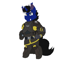 Size: 1500x1500 | Tagged: safe, artist:euspuche, oc, oc only, oc:night reader, bat pony, hybrid, unicorn, animated, armor, armored pony, bat pony oc, commission, helldivers, horn, salute, simple background, solo, transparent background, ych animation, ych result