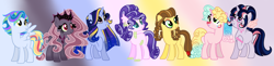 Size: 4208x1028 | Tagged: safe, artist:starvelvetyt, oc, oc only, oc:apple butter, oc:bellatrix, oc:estella sparkle, oc:funny pie, oc:precious jewel, oc:sky fast, oc:star velvet, dracony, earth pony, hybrid, pegasus, pony, unicorn, base used, crown, earth pony oc, ethereal mane, eyeshadow, female, folded wings, glasses, gradient background, high res, horn, interspecies offspring, jewelry, looking up, makeup, mare, multicolored hair, next generation, offspring, parent:applejack, parent:caramel, parent:cheese sandwich, parent:flash sentry, parent:fluttershy, parent:king sombra, parent:pinkie pie, parent:rainbow dash, parent:rarity, parent:soarin', parent:spike, parent:twilight sparkle, parents:carajack, parents:cheesepie, parents:flashlight, parents:soarindash, parents:sombrashy, parents:sparity, pegasus oc, regalia, smiling, starry mane, unicorn oc, wings, yellow eyeshadow
