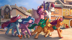 Size: 1920x1080 | Tagged: safe, artist:nikosh14, fifi (g5), glory (g5), hitch trailblazer, izzy moonbow, jazz hooves, kenneth, mcsnips-a-lot, misty brightdawn, peach fizz, phyllis cloverleaf, pipp petals, seashell (g5), sparky sparkeroni, sprout cloverleaf, steven, sunny starscout, zipp storm, bird, crab, dragon, earth pony, pegasus, pony, seagull, unicorn, g5, ;p, blush scribble, blushing, bracelet, cellphone, female, group, hoof hold, horn, jewelry, lighting, male, mane five, mane seven (g5), mane six (g5), mane stripe sunny, mare, maretime bay, one eye closed, phone, pippsqueak trio, pippsqueaks, rebirth misty, running, shading, shadow, smartphone, stallion, sunrise, tail, tongue out, windswept mane, windswept tail