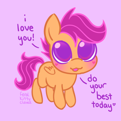 Size: 900x900 | Tagged: safe, artist:feralkittyclawz, scootaloo, pegasus, pony, g4, blushing, cute, cutealoo, dialogue, dilated pupils, encouragement, female, filly, foal, folded wings, heart, heart mark, i love you, looking at you, looking up, looking up at you, open mouth, positive ponies, purple background, signature, simple background, solo, tail, talking to viewer