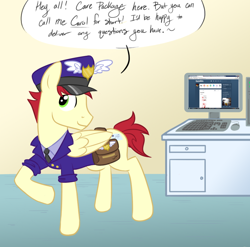 Size: 824x814 | Tagged: safe, artist:dark-heart1238, care package, special delivery, pegasus, pony, g4, bag, clothes, computer, hat, mailbag, mailpony, male, solo, stallion