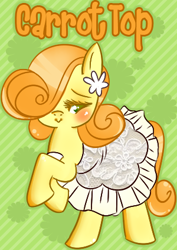 Size: 300x424 | Tagged: artist needed, safe, carrot top, golden harvest, pony, g4, bipedal, blushing, clothes, cute, cutie top, dress, female, flower, flower in hair, hair over one eye, mare, orange hair, rearing, smiling, solo