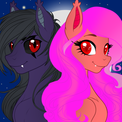 Size: 1024x1024 | Tagged: safe, ai assisted, ai content, artist:ella_starshade, oc, oc:jane, oc:star_gazer, bat pony, semi-anthro, black sclera, bust, duo, duo male and female, ear tufts, fangs, female, full moon, little brother, male, mare, moon, night, night sky, not flutterbat, not fluttershy, portrait, red eyes, scar, sky, slit pupils, stallion
