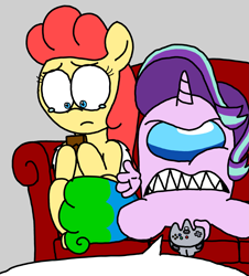 Size: 3023x3351 | Tagged: safe, artist:professorventurer, starlight glimmer, oc, oc:power star, pony, g4, context in description, couch, crying, every copy of super mario 64 is personalized, frame, glimpostor, rule 85, speech bubble, super mario 64