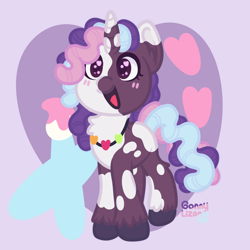 Size: 1000x1000 | Tagged: safe, artist:gonthelizard, violette rainbow, pony, unicorn, g5, 2024, blush lines, blushing, chest fluff, dreadlocks, female, filly, foal, heart, heart eyes, horn, jewelry, necklace, open mouth, open smile, signature, smiling, solo, starry eyes, tail, unshorn fetlocks, vitiligo, wingding eyes