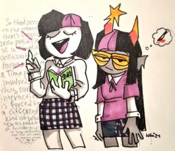 Size: 540x465 | Tagged: safe, artist:colouredteapot, twilight sparkle, human, g4, book, duo, homestuck, humanized, knife, race swap, self paradox, thought bubble, troll (homestuck)
