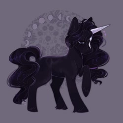 Size: 1000x1000 | Tagged: safe, artist:smolashecc, oc, oc only, oc:nightingale, pony, unicorn, blue eyes, coat markings, crescent moon, crying, facial markings, full moon, gray background, half moon, horn, lavender background, looking down, lunar phases, male, moon, raised hoof, simple background, solo, standing, star (coat marking), stripe (coat marking), unicorn oc, unshorn fetlocks