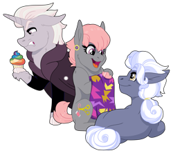 Size: 2301x2047 | Tagged: safe, artist:faitheverlasting, hoity toity, prim hemline, zesty gourmand, earth pony, pony, unicorn, g4, brother and sister, cloak, clothes, cloven hooves, cupcake, ear piercing, female, food, gritted teeth, grumpy, happy, headcanon, headcanon in the description, horn, looking at each other, looking at someone, lying down, male, mare, nose wrinkle, open mouth, open smile, piercing, prone, rainbow cupcake, siblings, simple background, sisters, sitting, smiling, stallion, tail, teeth, transparent background, trio, unshorn fetlocks, zesty gourmand is not amused