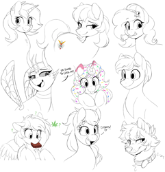 Size: 3000x3108 | Tagged: safe, artist:higglytownhero, oc, oc only, oc:bee berry, oc:donut daydream, earth pony, pegasus, pony, unicorn, :p, bell, collar, donut, drugs, earth pony oc, food, freckles, horn, horn impalement, marijuana, mouth hold, open mouth, open smile, pegasus oc, question mark, simple background, smiling, tongue out, unicorn oc, white background