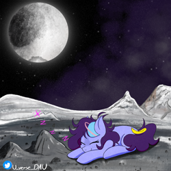 Size: 3072x3072 | Tagged: safe, artist:juniverse, oc, oc:juniverse, earth pony, pony, colored, dwarf planet, female, icy floor, mare, on the moon, onomatopoeia, pluto (planet), rocky planet, satellite, scenery, sleeping, solo, sound effects, space, space pony, stars, zzz