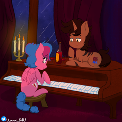 Size: 3072x3072 | Tagged: safe, artist:juniverse, oc, oc only, oc:grapefruit frost, oc:lighty, pegasus, pony, unicorn, alcohol, bottle, candle, colored, commission, curtains, date, duo, female, glass, grand piano, horn, looking at each other, looking at someone, lying down, male, mare, night, oc x oc, playing instrument, playing piano, prone, rain, shipping, sitting, stallion, straight, window, wine, wine glass