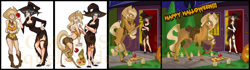 Size: 1214x338 | Tagged: safe, artist:quelico, applejack, oc, earth pony, horse, human, pony, apple, breasts, candle, cleavage, clothes, comic, costume, dress, duo, duo female, female, food, front knot midriff, garter, glasses, halloween, halloween costume, hat, hoers, holiday, hooves, house, human female, human to horse, human to pony, jack-o-lantern, light skin, mare, midriff, night, pumpkin, rearing, saddle, shorts, tack, text, transformation, transformation sequence, transforming clothes, trick or treat, watermark, witch, witch hat