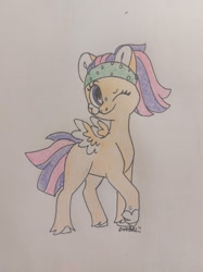 Size: 1280x1707 | Tagged: safe, artist:doodletheexpoodle, oc, oc only, oc:daylight amethyst, alicorn, pony, female, headband, hidden horn, looking at you, mare, offspring, one eye closed, parent:sunburst, parent:twilight sparkle, parents:twiburst, solo, traditional art, unshorn fetlocks, wink, winking at you