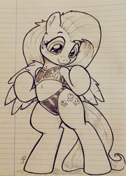 Size: 1477x2048 | Tagged: safe, artist:whiskeypanda, fluttershy, pegasus, pony, g4, belly, bipedal, blushing, clothes, cute, doodle, female, human shoulders, lined paper, looking down, midriff, pen drawing, shyabetes, solo, spread wings, swimsuit, traditional art, two-piece swimsuit, wavy mouth, wings