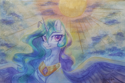 Size: 4000x2655 | Tagged: safe, artist:jsunlight, princess celestia, alicorn, pony, g4, chest fluff, ear fluff, female, large wings, looking at you, mare, missing accessory, neck fluff, partially open wings, peytral, smiling, smiling at you, solo, spread wings, sternocleidomastoid, stray strand, sun, traditional art, watercolor painting, wings