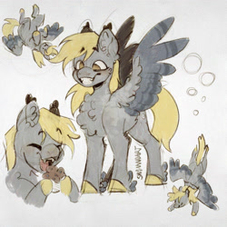 Size: 2048x2048 | Tagged: safe, artist:shyhandart, derpy hooves, pegasus, pony, g4, bubble, cheek fluff, chest fluff, cute, derpabetes, eating, eyebrows, eyebrows visible through hair, falling, fangs, female, flying, food, grin, high res, mare, muffin, open mouth, open smile, smiling, solo, traditional art, upside down, winged hooves