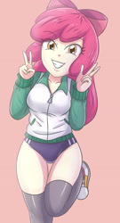 Size: 1783x3307 | Tagged: safe, artist:sumin6301, apple bloom, human, equestria girls, g4, 2d, bow, breasts, buruma, clothes, double peace sign, eyebrows, eyebrows visible through hair, female, grin, hair bow, high res, jacket, legs, long sleeves, looking at you, older, older apple bloom, peace sign, pink background, pocket, shoes, shorts, simple background, smiling, smiling at you, solo, thigh gap, thigh highs, thighs, zipper