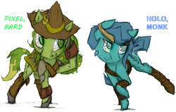 Size: 2143x1365 | Tagged: safe, artist:c_||_r, artist:teakay-c-ii-r, oc, oc only, oc:holopon, oc:pixel, earth pony, pony, armor, armored pony, bard, blue coat, blue eyes, blue mane, boots, digital art, dungeons and dragons, fantasy class, green coat, green eyes, green mane, headband, kicking, lyre, monk, musical instrument, pauldron, pen and paper rpg, pointy hat, ponies online, raised hoof, rpg, shoes, simple background, sketch, solo, text