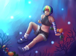 Size: 1280x946 | Tagged: safe, artist:ninjaham, rainbow dash, human, g4, belly button, clothes, female, humanized, mushrooms, shoes, shorts, smiling, solo