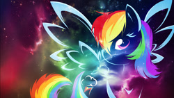 Size: 1920x1080 | Tagged: safe, artist:kittymeows12, rainbow dash, pegasus, pony, g4, abstract background, female, galaxy, looking at you, mare, spread wings, transparent wings, wallpaper, wings