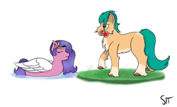 Size: 2300x1400 | Tagged: safe, artist:schumette14, hitch trailblazer, pipp petals, earth pony, pegasus, pony, g5, female, fetlock tuft, flower, male, pegaduck, ship:pitch, shipping, simple background, sketch, straight, unshorn fetlocks, water, white background