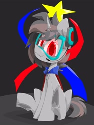 Size: 2976x3967 | Tagged: safe, artist:scar-shine, oc, oc only, oc:osoliang, pony, unicorn, cape, clothes, goggles, headphones, horn, microphone, sitting, solo