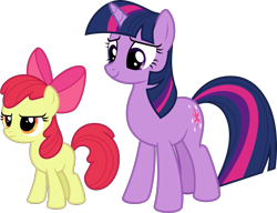 Size: 1457x1119 | Tagged: safe, artist:sollace, derpibooru exclusive, apple bloom, twilight sparkle, earth pony, pony, unicorn, bridle gossip, g4, season 1, .svg available, duo, female, filly, foal, frown, horn, mare, missing cutie mark, simple background, smiling, standing, svg, transparent background, unicorn twilight, vector