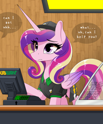 Size: 2500x3000 | Tagged: safe, artist:theuser, derpibooru exclusive, princess cadance, alicorn, pony, g4, cash register, cashier, clothes, display case, eyebrows, eyebrows visible through hair, fast food, fast food uniform, female, food, hat, high res, mare, offscreen character, qr code, raised hoof, shirt, solo, speech bubble, subway (restaurant), uniform