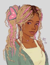 Size: 636x836 | Tagged: safe, artist:girlyloomis, fluttershy, human, g4, dark skin, dreadlocks, ear piercing, earring, female, freckles, gray background, humanized, jewelry, necklace, piercing, ponytail, simple background, solo