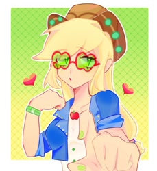 Size: 692x756 | Tagged: safe, artist:sanshuiyiwang, applejack, human, equestria girls, g4, my little pony equestria girls: choose your own ending, applejack's festival hat, applejack's sunglasses, bust, gradient background, heart, looking at you, music festival outfit, patterned background, portrait, solo, sunglasses