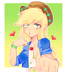 Size: 692x756 | Tagged: safe, alternate version, artist:sanshuiyiwang, applejack, human, equestria girls, g4, my little pony equestria girls: choose your own ending, applejack's festival hat, bust, gradient background, heart, looking at you, music festival outfit, palindrome get, patterned background, portrait, solo