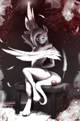 Size: 693x1053 | Tagged: safe, artist:monarchy01, fluttershy, pegasus, anthro, unguligrade anthro, g4, 3d, apple, arm fluff, arm freckles, artistic nudity, bench, chair, cheek fluff, chest freckles, complete nudity, crossed legs, fangs, feather, female, fluffy, food, freckles, freckleshy, fur, hoof fluff, leg freckles, looking at you, mare, nudity, open mouth, partial color, portrait, revamped anthros, revamped ponies, shoulder fluff, shoulder freckles, signature, sitting, solo, source filmmaker, strategically covered, unshorn fetlocks, wings