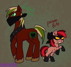 Size: 2306x2170 | Tagged: safe, artist:hayley5662, apple bloom, big macintosh, earth pony, pony, g4, abstract background, boots, domino mask, face mask, female, filly, foal, green eyes, grin, male, mask, nightmarified, raised hooves, shoes, smiling, stallion, text