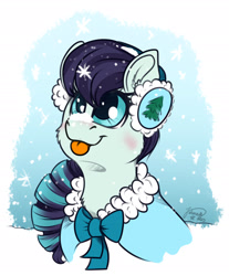 Size: 1920x2320 | Tagged: safe, artist:julunis14, coloratura, earth pony, pony, g4, clothes, earmuffs, female, mare, smiling, snow, snowfall, solo, tongue out