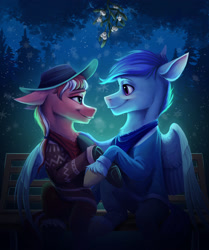 Size: 1920x2292 | Tagged: safe, artist:klarapl, oc, oc only, earth pony, pegasus, bench, clothes, commission, duo, earth pony oc, female, hat, looking at each other, looking at someone, male, mare, mistletoe, oc x oc, pegasus oc, scarf, shipping, sitting, smiling, smiling at each other, snow, stallion, straight, sweater