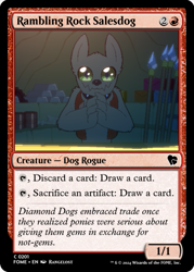 Size: 375x523 | Tagged: safe, artist:rangelost, edit, diamond dog, ccg, d20 pony, magic the gathering, shop, shopkeeper, spear, trading card, trading card edit, trading card game, weapon