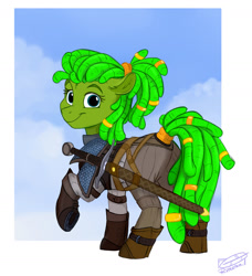 Size: 1280x1401 | Tagged: safe, artist:rutkotka, oc, oc only, earth pony, pony, armor, boots, clothes, crossover, dreadlocks, ear fluff, earth pony oc, female, looking at you, mare, ponytail, raised hoof, shoes, smiling, smiling at you, solo, sword, tail, tail wrap, the witcher, weapon