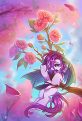 Size: 2440x3570 | Tagged: safe, artist:dedfriend, oc, oc only, bat pony, pony, bat pony oc, female, flower, flower in hair, mare, micro, solo, tree, tree branch