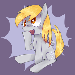 Size: 1280x1280 | Tagged: safe, derpy hooves, pegasus, pony, g4, colored, cute, female, open mouth, purple background, raised hoof, simple background, sitting, solo, starry eyes, wingding eyes