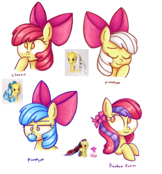 Size: 1000x1074 | Tagged: safe, artist:felicitea, apple bloom, earth pony, pony, g4, alternate hair color, alternate hairstyle, blue hair, bubblegum, bust, eyes closed, female, filly, foal, food, gum, hoof over mouth, portrait, prototype, reference used, simple background, solo, toy, toy interpretation, white background, white hair