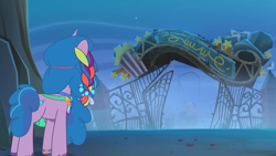 Size: 1920x1080 | Tagged: safe, screencap, izzy moonbow, pony, unicorn, g5, my little pony: tell your tale, the blockywockys, spoiler:g5, spoiler:my little pony: tell your tale, spoiler:tyts02e00, abandoned, amusement park, boardtrot, female, gate, horn, mare, solo
