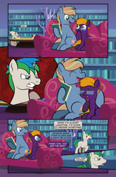 Size: 1920x2948 | Tagged: safe, artist:alexdti, oc, oc only, oc:brainstorm (alexdti), oc:purple creativity, oc:star logic, pegasus, pony, unicorn, comic:quest for friendship retold, angry, couch, glasses, horn, library, twilight's castle, twilight's castle library